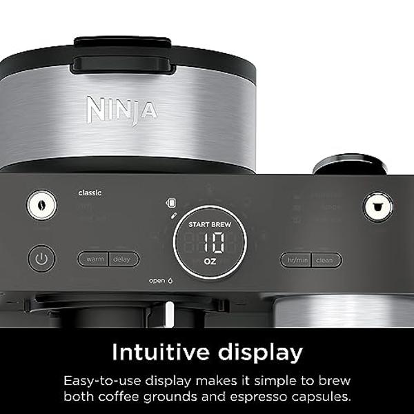 Cafetera y sistema barista Ninja Espresso, 3 estilos de preparación de espresso, compatible con cápsulas individuales y Nespresso, espumador integrado, cafetera para espresso, capu