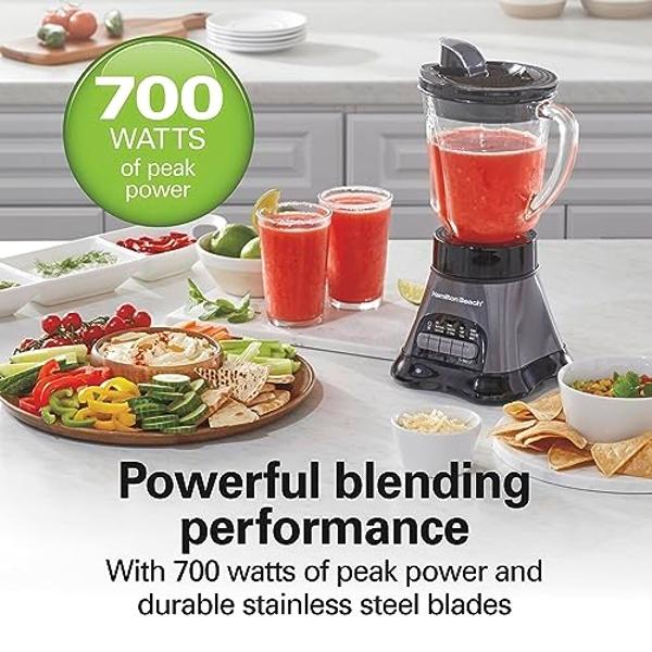 Licuadora y procesador de alimentos Hamilton Beach: jarra de vidrio de 1,2 litros, vaso portátil de viaje, picadora eléctrica de 3 tazas, 700 W, gris/negro (58163)
