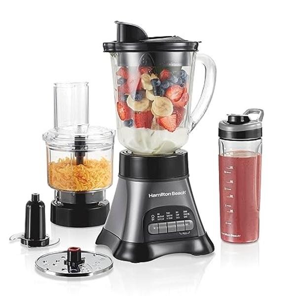 Licuadora y procesador de alimentos Hamilton Beach: jarra de vidrio de 1,2 litros, vaso portátil de viaje, picadora eléctrica de 3 tazas, 700 W, gris/negro (58163)