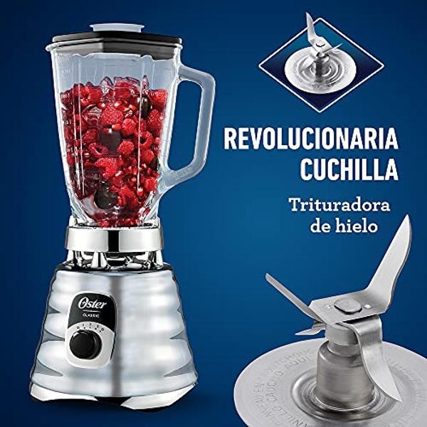 Licuadora Oster Original de 3 velocidades cromada, motor 6 veces más duradero, 10 veces más potente, jarra de vidrio de 5 tazas
