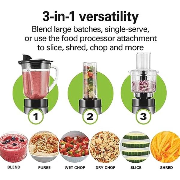 Licuadora y procesador de alimentos Hamilton Beach: jarra de vidrio de 1,2 litros, vaso portátil de viaje, picadora eléctrica de 3 tazas, 700 W, gris/negro (58163)