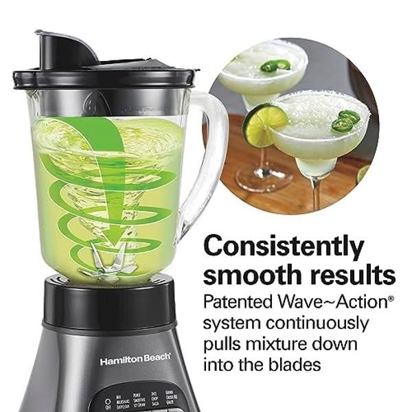 Licuadora y procesador de alimentos Hamilton Beach: jarra de vidrio de 1,2 litros, vaso portátil de viaje, picadora eléctrica de 3 tazas, 700 W, gris/negro (58163)