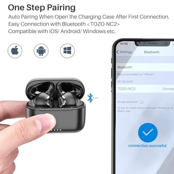 Auriculares inalámbricos híbridos TOZO NC2 con cancelación activa de ruido, con detección intraauricular, resistentes al agua IPX6, Bluetooth 5.3, sonido envolvente premium, graves