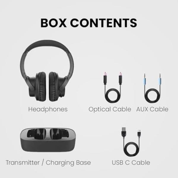 Avantree Ensemble - Auriculares inalámbricos para TV compatibles con televisores con salidas de audio ópticas, AUX o Bluetooth - Auriculares cómodos para personas mayores con base 