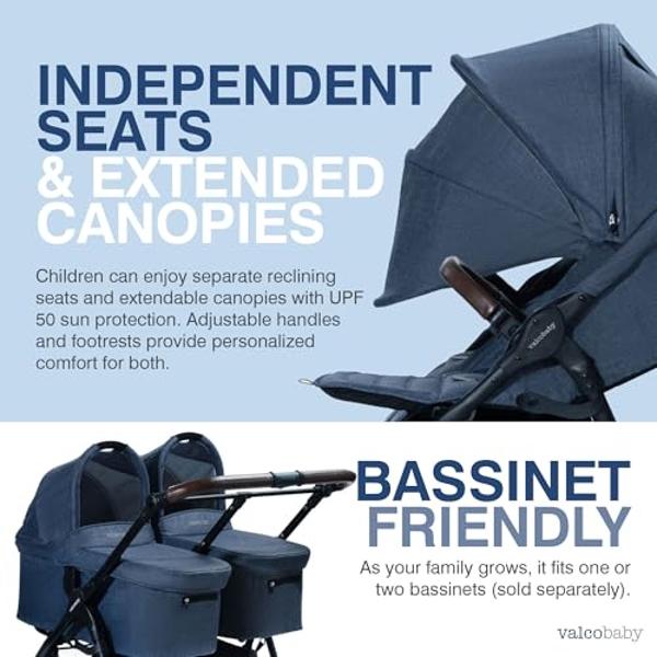 Cochecito doble ligero Valco Baby Trend Duo 2025 (azul vaquero): plegado fácil y compacto, reclinación en varias posiciones, capota grande, ventilación independiente para dos perso