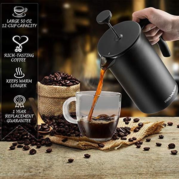 Cafetera de prensa francesa Belwares de 1,5 l (50 oz) - Cafetera grande aislada de acero inoxidable 304 con doble pared y sistema de filtración de 4 niveles (negra, 1,5 l)