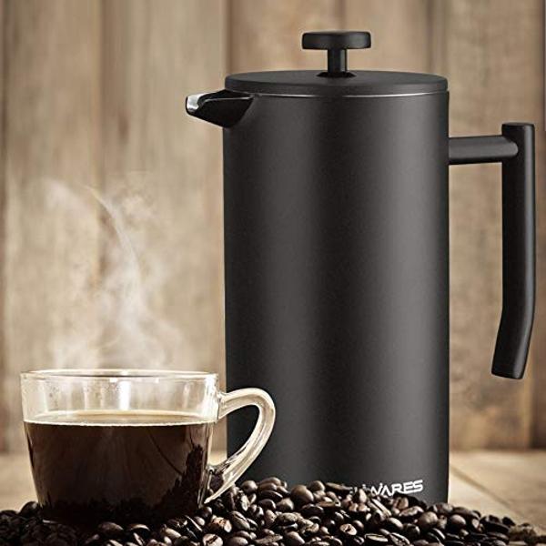 Cafetera de prensa francesa Belwares de 1,5 l (50 oz) - Cafetera grande aislada de acero inoxidable 304 con doble pared y sistema de filtración de 4 niveles (negra, 1,5 l)