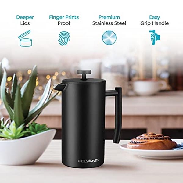 Cafetera de prensa francesa Belwares de 1,5 l (50 oz) - Cafetera grande aislada de acero inoxidable 304 con doble pared y sistema de filtración de 4 niveles (negra, 1,5 l)