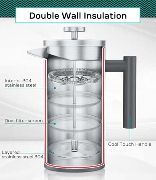 Cafetera de prensa francesa Coffee Gator - Cafetera de acero inoxidable con doble aislamiento de 34 oz y recipiente de viaje, tetera portátil para café, frío y caliente, ideal para