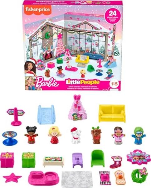 Calendario de Adviento de Barbie Little People de Fisher-Price, 24 figuras y piezas navideñas para niños a partir de 18 meses.
