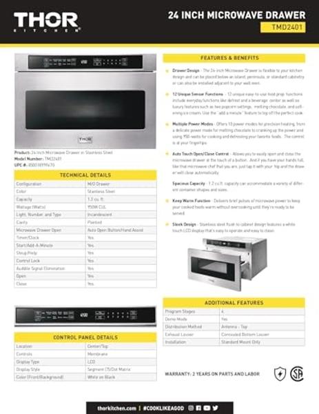 Microondas de cajón profesional THOR Kitchen de 24 pulgadas - Modelo TMD2401
