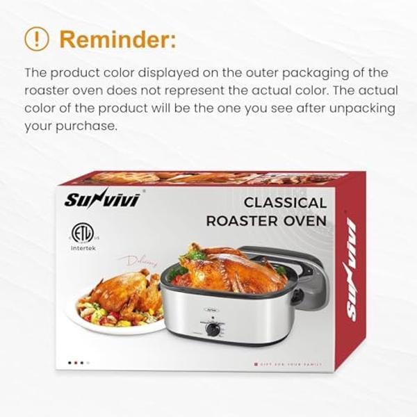 Asador eléctrico Sunvivi, horno para asar pavos con tapa autoadhesiva, bandeja extraíble, capacidad de 20 cuartos, control de temperatura de 150 a 450 °F, asas frías al tacto, colo