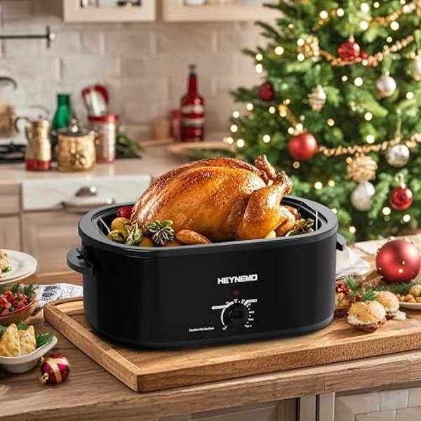 Horno asador eléctrico de 26 cuartos de galón, asador de pavo eléctrico con tapa de visualización y auto-rociado, horno asador de pavo de acero inoxidable, color negro