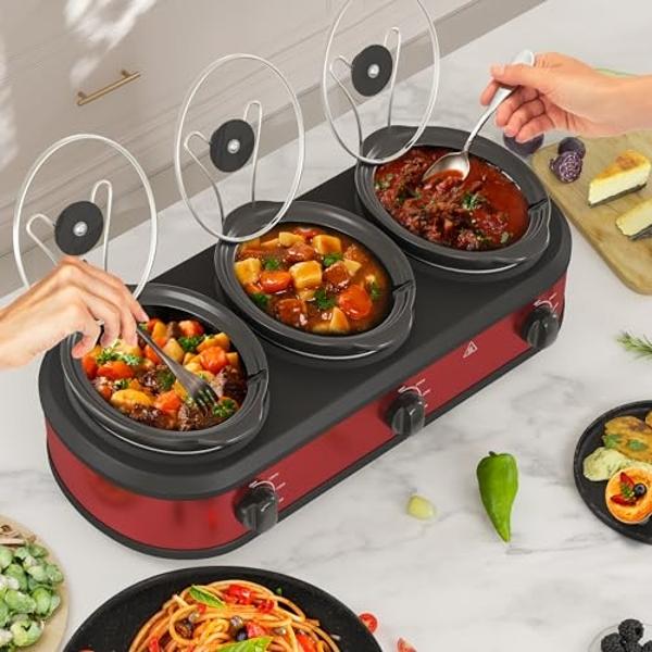 Olla de cocción lenta triple de 3 x 1.5 cuartos con 3 configuraciones de cocción, servidores de buffet y calentadores con olla de cerámica apta para lavavajillas, tapa de vidrio, c