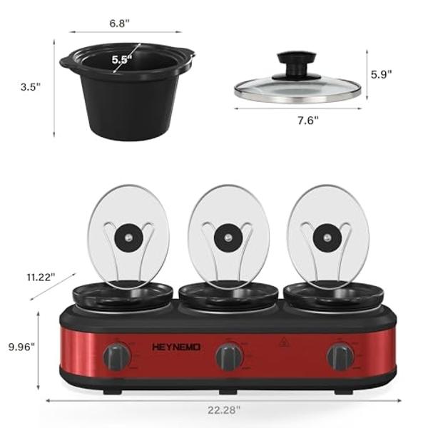 Olla de cocción lenta triple de 3 x 1.5 cuartos con 3 configuraciones de cocción, servidores de buffet y calentadores con olla de cerámica apta para lavavajillas, tapa de vidrio, c
