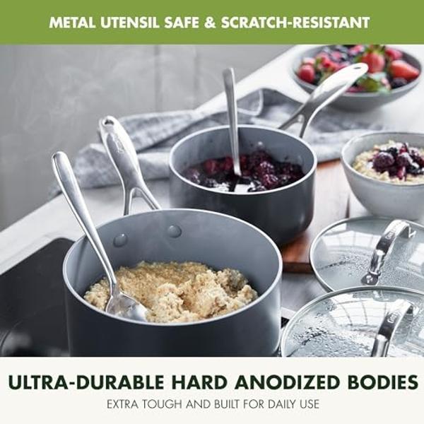 Juego de ollas y sartenes GreenPan Valencia Pro anodizados duros de 11 piezas, con revestimiento antiadherente de cerámica sin PFAS ni PFOA, apto para inducción, sartenes, cacerola