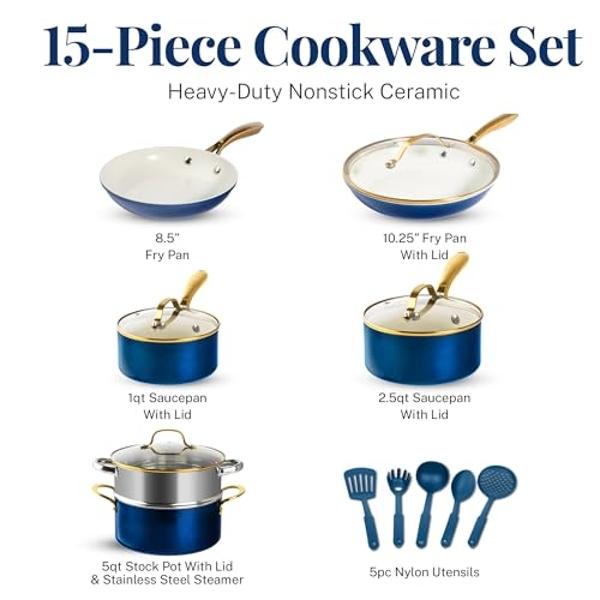 Juego de ollas y sartenes de cerámica Gotham Steel de 15 piezas, antiadherentes, para cocina, de cerámica, no tóxicos, aptos para lavavajillas - Azul marino