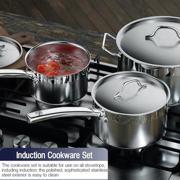 Juegos de utensilios de cocina Cooks Standard de acero inoxidable, ollas y sartenes profesionales que incluyen cacerola, sartén para saltear y olla con tapa, 8 piezas, color platea