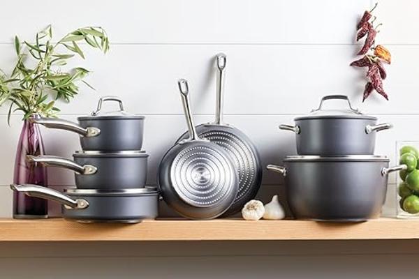 Juego de ollas y sartenes antiadherentes Anolon Accolade, anodizadas duras y forjadas, 12 piezas - Gris piedra lunar