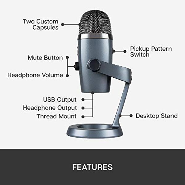Micrófono USB Nano Blue Yeti de Logitech para creadores para juegos, streaming, podcasting, Twitch, YouTube, Discord y grabación para PC y Mac, Plug & Play - Gris sombra