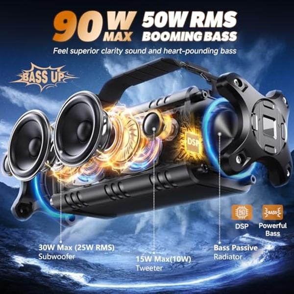 Altavoz Bluetooth W-KING, altavoz portátil inalámbrico Bluetooth de 90 W de potencia máxima, resistente al agua IPX6, para exteriores con graves profundos de 50 W, 2 subwoofers pot