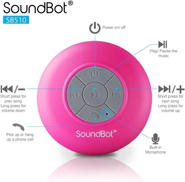 Altavoz de ducha Bluetooth Soundbot SB510 HD resistente al agua, manos libres portátil con micrófono integrado, 6 horas de reproducción, botones de control y ventosa especial para 