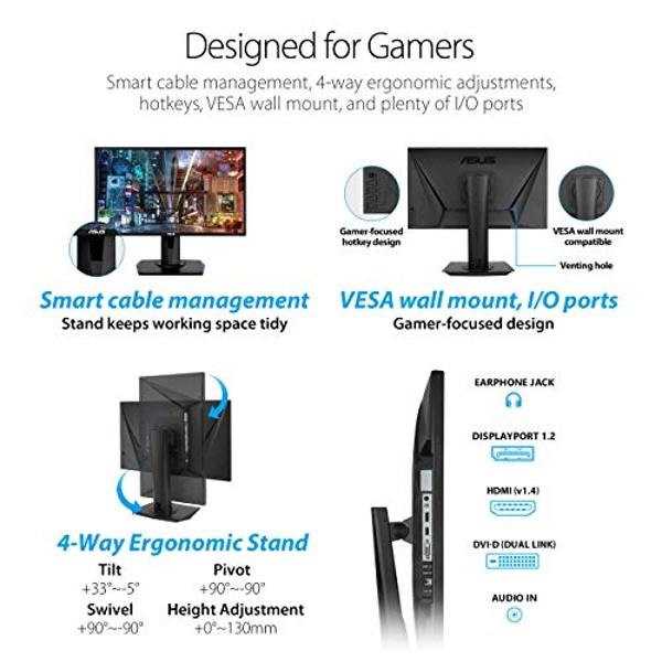 Monitor para juegos ASUS VG248QG de 24" con G-SYNC, 165 Hz, 1080p, 0,5 ms, protección ocular, DP, HDMI, DVI, color negro