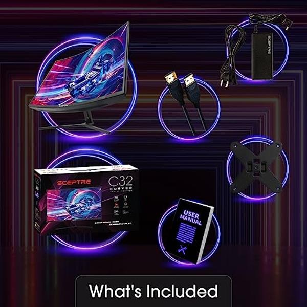Monitor curvo para juegos Sceptre de 32 pulgadas con overdrive de hasta 240 Hz, DisplayPort de 165 Hz, HDMI de 144 Hz, AMD FreeSync, altavoces integrados, negro máquina (C325B-185R