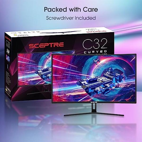 Monitor curvo para juegos Sceptre de 32 pulgadas con overdrive de hasta 240 Hz, DisplayPort de 165 Hz, HDMI de 144 Hz, AMD FreeSync, altavoces integrados, negro máquina (C325B-185R