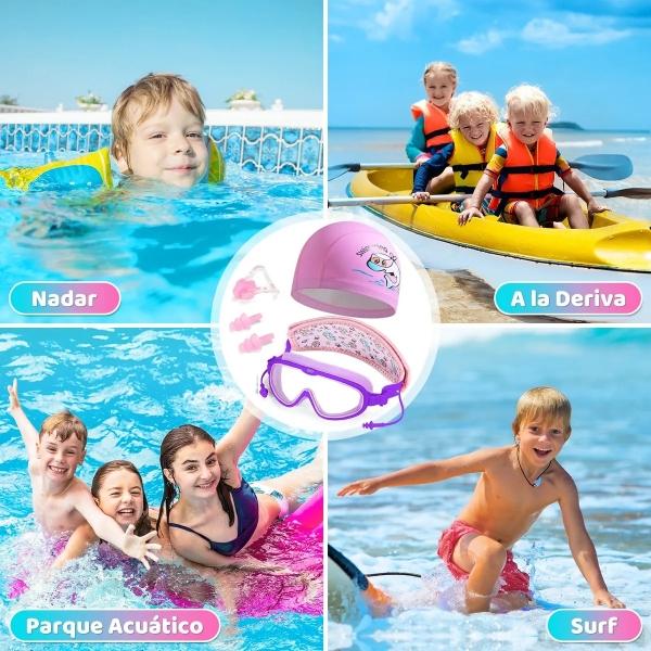 Kit Gafas Goggles Natación Para Niños Anti-vaho Uv Y Diadema Violeta rosado