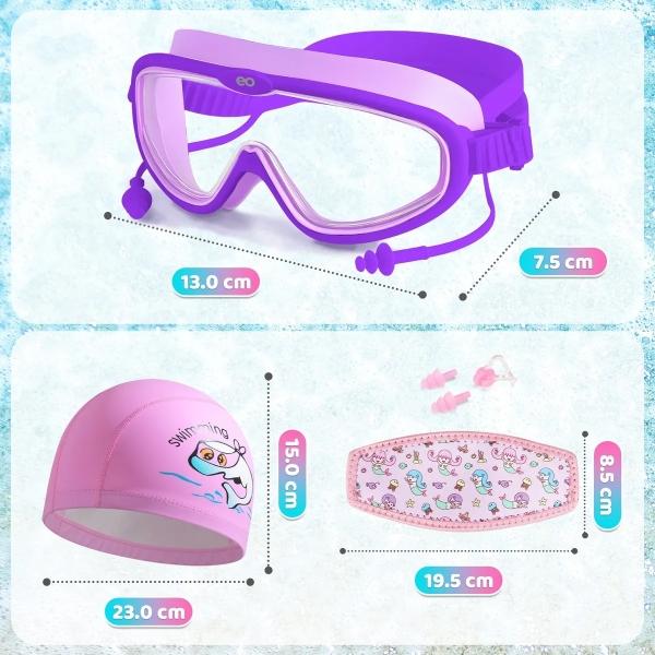 Kit Gafas Goggles Natación Para Niños Anti-vaho Uv Y Diadema Violeta rosado