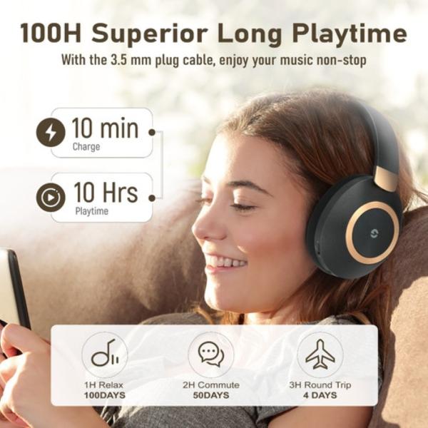 Audífonos Inalámbricos Bluetooth Anc Diadema Con Microfono Negro Linea Dorada