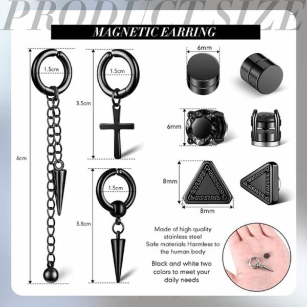10 Pares Aretes Hombre Falsos Piercing Imán Arracadas Acero