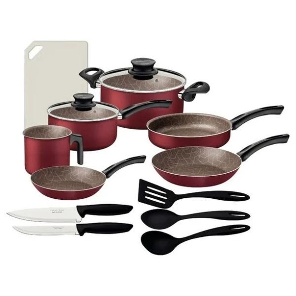BATERIA DE COCINA PARIS DE ALUMINIO C/ANTIADERENTE 14PZ ESPESOR 1.8 MM ROJA MARCA TRAMONTINA