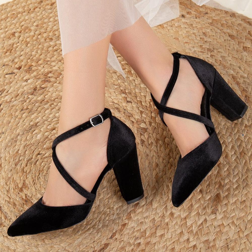 Sina - Tacones altos con tiras cruzadas altos con tiras cruzadas altos de terciopelo negro