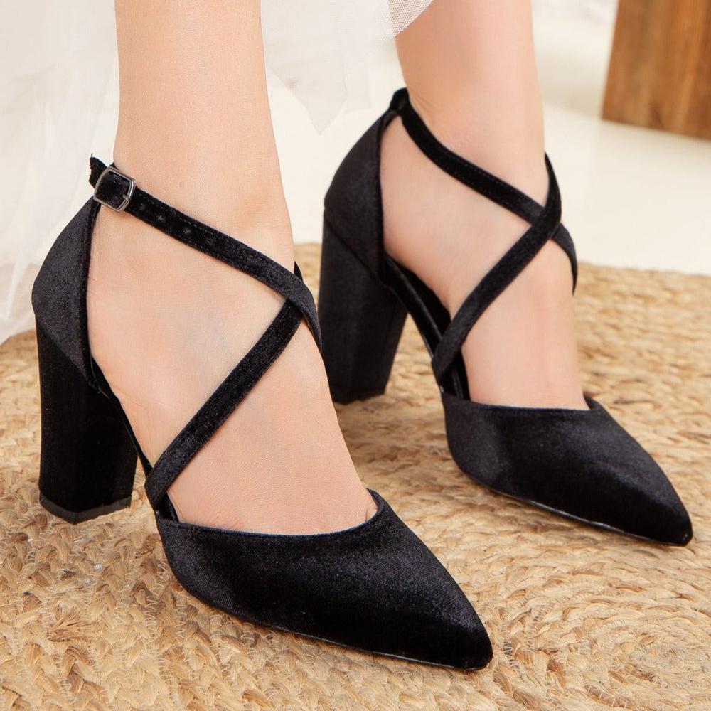 Sina - Tacones altos con tiras cruzadas altos con tiras cruzadas altos de terciopelo negro