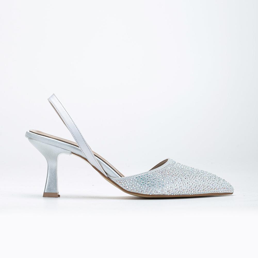 Rae - Zapatos de tacón bajo con tira trasera y diamantes de imitación plateados