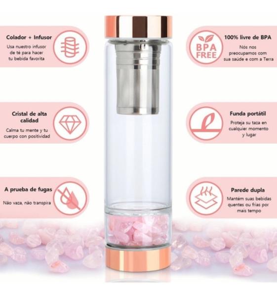 Termo Botella Agua Infusor De Te Con Cristal Energético Rosa Golden