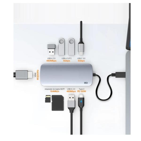 9 En 1 Adaptador Usb Tipo C A Hdmi 4k Con 3 Puertos Usb 3.0 Y Pd 100w