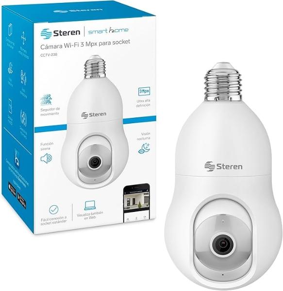 STEREN CCTV-238 Cámara WiFi Robotizada Socket seguidor Movimiento 3MPX, Blanco