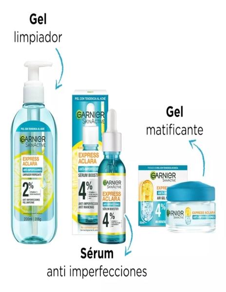 Kit Antiacne Express Aclara Gel Limpiador mas Sérum mas Crema Matificante Garnier