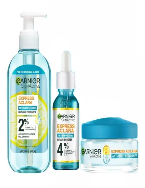 Kit Antiacne Express Aclara Gel Limpiador mas Sérum mas Crema Matificante Garnier