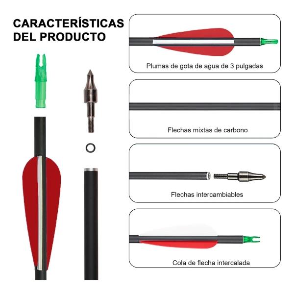 12 Flechas Para Arco Compuesto Recurvo Fibra De Carbón 7.8mm