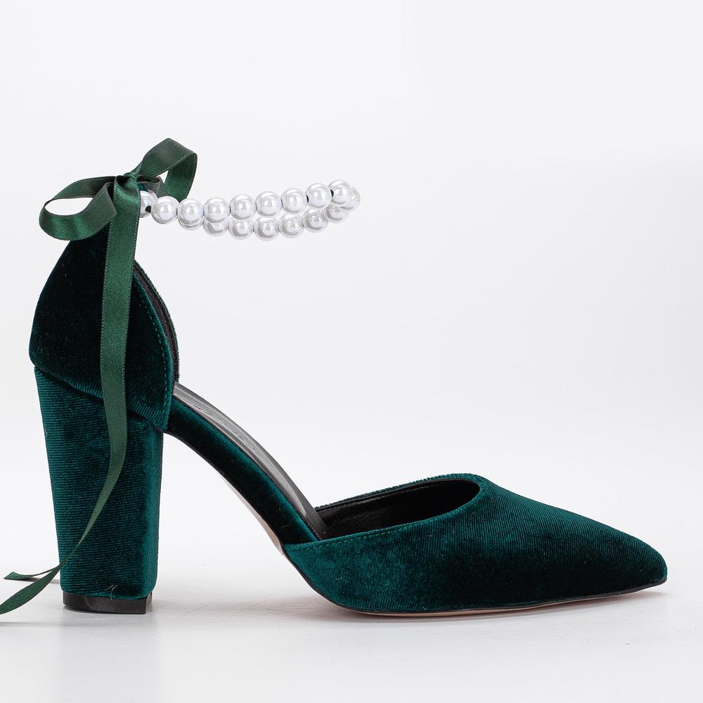 Agnes - Tacones de terciopelo verde esmeralda con perlas