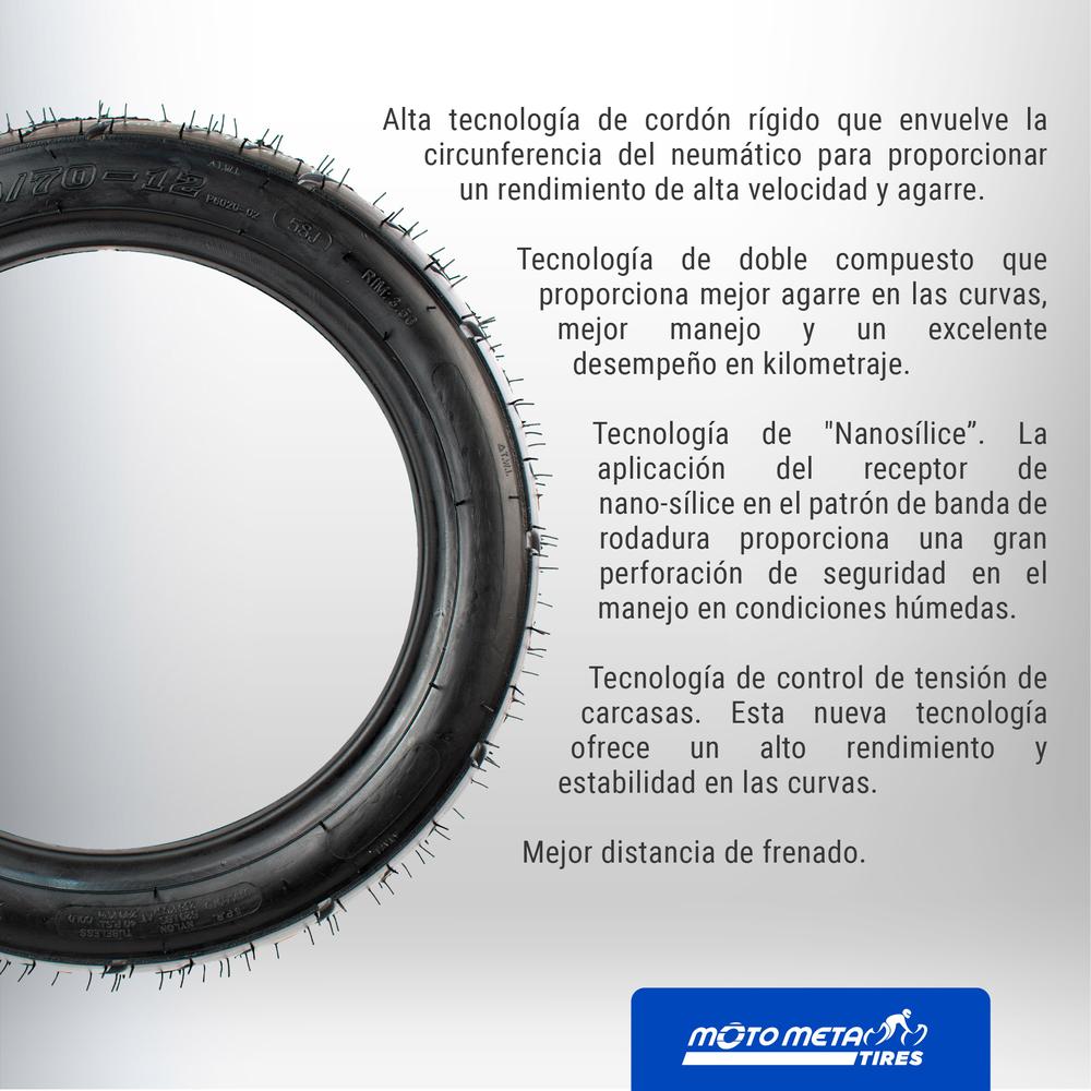 Llanta 120/70-12 para moto uso sin camara tubeless front 58J P6020 Motometa