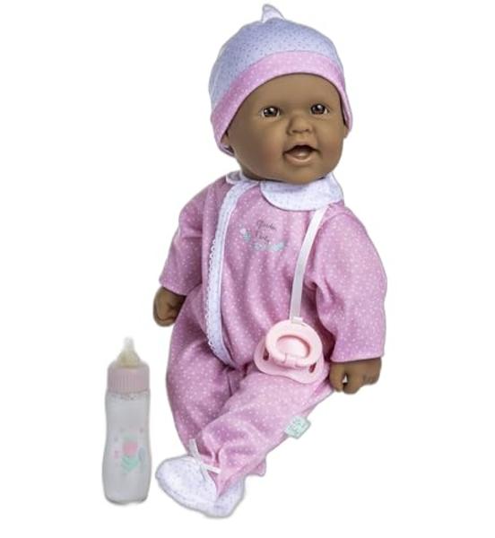 Muñeca bebé hispana La Baby de 16 pulgadas, cuerpo blando, de JC Toys | Lavable | Desmontable, rosa y blanco, con gorro, chupete y biberón mágico | Para niños de 12 meses en adelan.