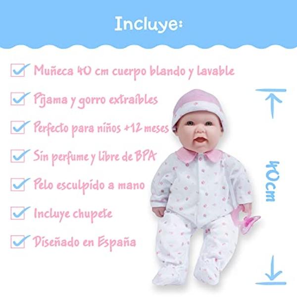 JC Toys - La Baby | Muñeca bebé caucásica de 40 cm, cuerpo blando mediano | Lavable | Conjunto rosa extraíble con gorro y chupete | Para niños a partir de 12 meses.