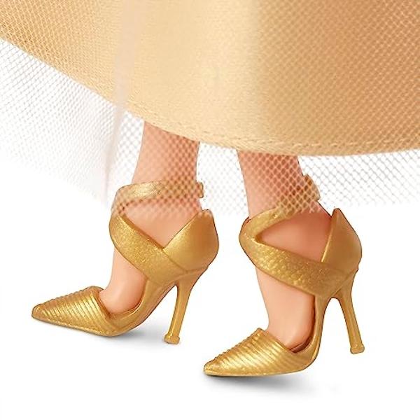 Muñeca Barbie Signature 2023 Holiday, cabello negro con vestido dorado, coleccionable con peana y certificado de autenticidad..