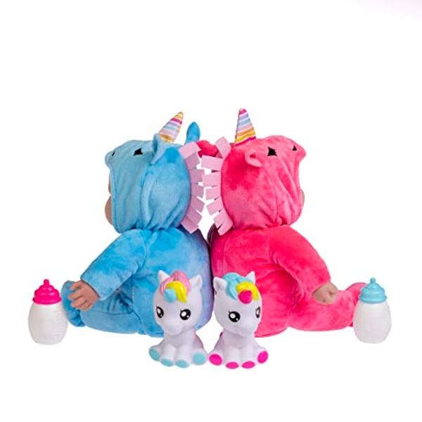 JC Toys Lots to Cuddle Babies - Muñecas gemelas pequeñas y suaves de 30 cm con temática de unicornio | Lavables | Rosa y azul | Incluye unicornios de juguete, biberones y chupetes .