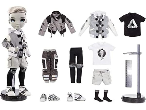 Muñeca de moda Rainbow High Shadow Serie 1 Ash Silverstone - Niño en escala de grises. 2 conjuntos de diseñador plateados para combinar con accesorios. Ideal como regalo. Multicolo.